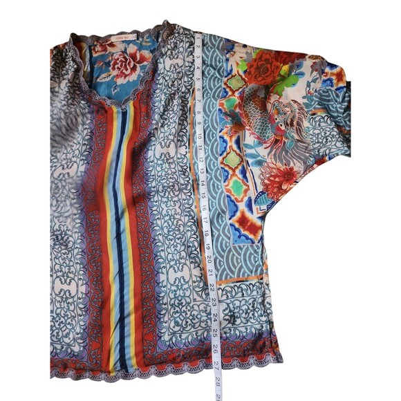 Johnny Was Silk Vintage Y2K Dragon Tunic Blouse Womens Medium Blue Multiprint - Picture 8 of 8